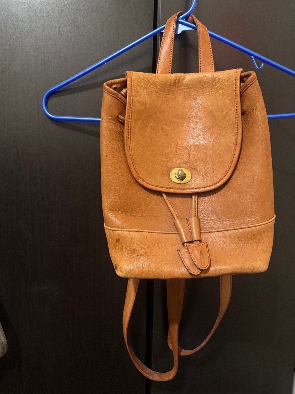 Coach Tan Leather Drawstring Backpack with Turn-Lock